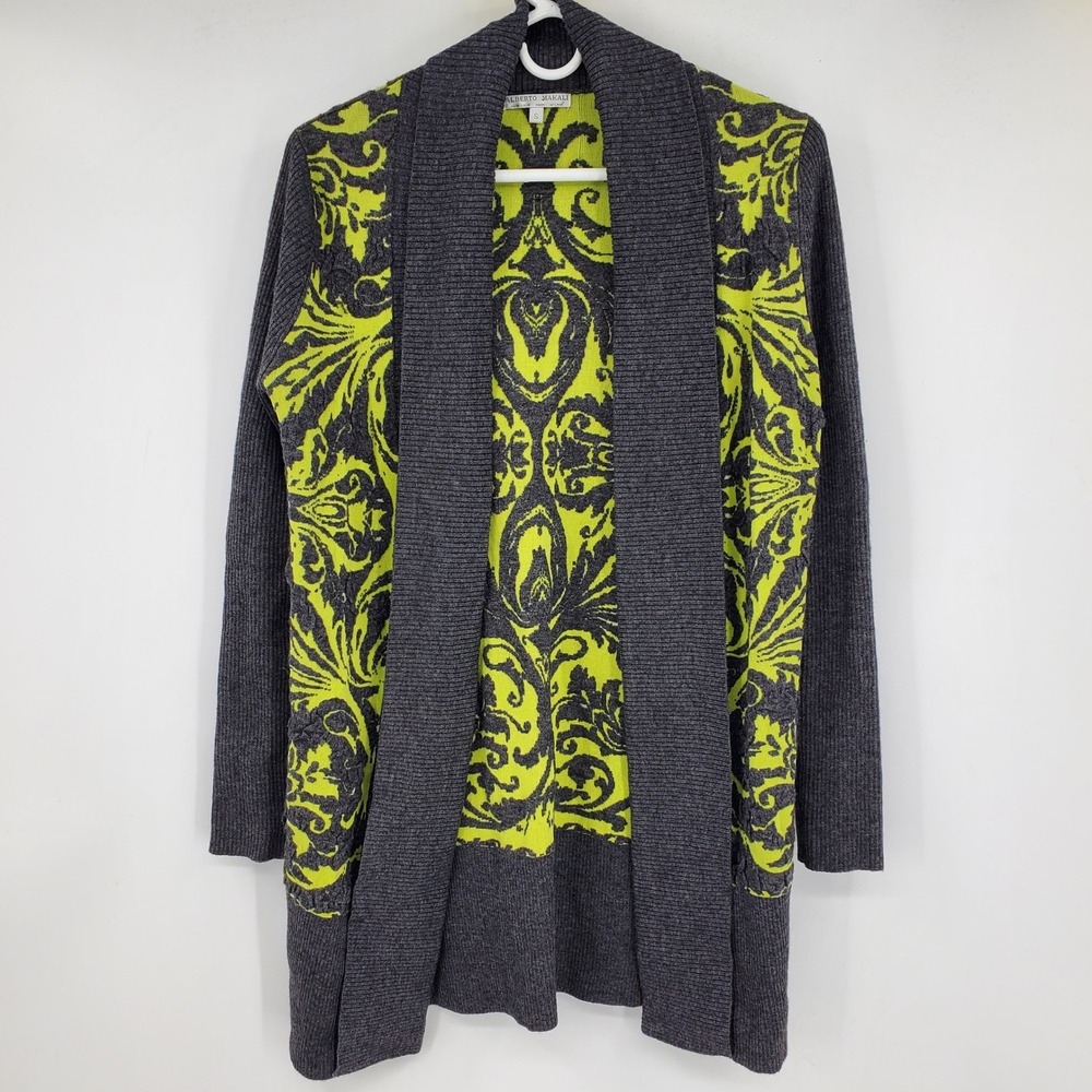 Alberto Makali Womens Wool Blend 3D Damask‎ Jacquard Shawl Cardigan Grey Lime S